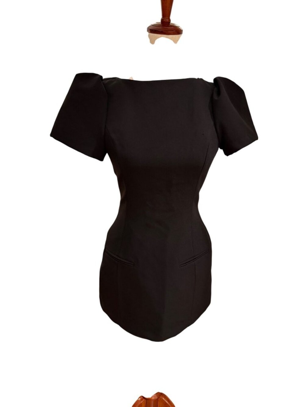 ZARA Black Mini Dress Small‎ Built-In Shorts Skort Puff Sleeve Open Back Zip NWT